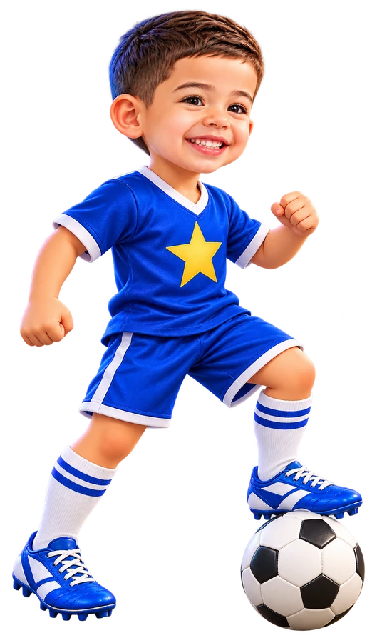 Vladi con su camiseta azul y estrella amarilla jugando al fútbol